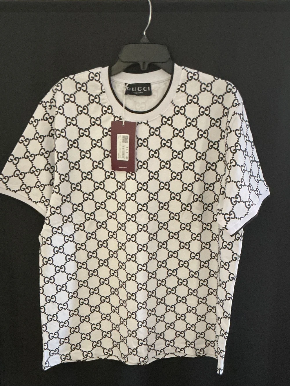 Gucci White Short-Sleeve Tee with Black GG Pattern